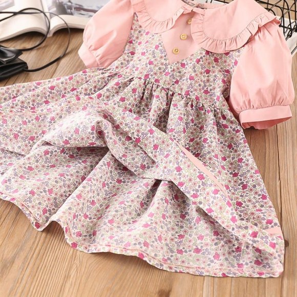 Girls Collared Pink Floral Short Sleeve Dress - Picture 7 of 8